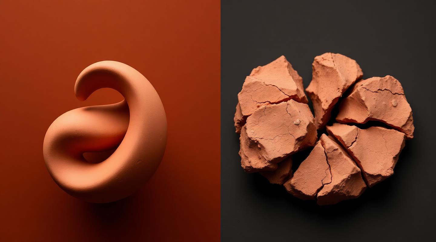 Two contrasting clay forms — refined sculpture and broken raw clay